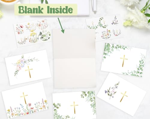 24 Pack Religious Blank Cards with Envelopes & Stickers, 4 x 6 in Watercolor Gold Foil Cross Cards Blank Inside for Baptism, First Communion, Confirmations, Wedding, Baby Shower(12 Designs)