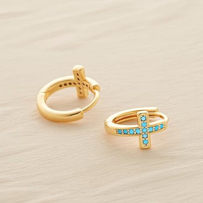 MYEARS Gold Cross Hoop Earrings for Women Trendy 14K Gold Plated Small Hoops Huggie Earrings White Cubic Zirconia Turquoise Minimalist Simple Christmas Christian Cross Jewelry Gifts - color: Turquoise