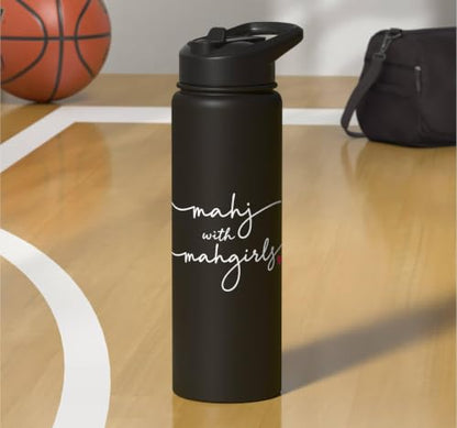 Mahjong With MahGirls Elegant Script Heart Stainless Steel Insulated Water Bottle - color: Black