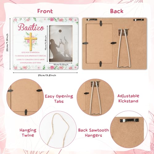 CJiangpo Spanish Baptism Picture Frame - Bautizo Gifts for Girls, Baby Religious Christening Gift Catholic Dedication Baby Shower Keepsake Pink Flower Wood Photo Frame from Godparents Friends Family
