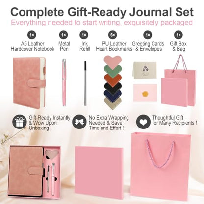 A5 Leather Journal for Women Men, Hardcover Notebook Set with Pen, Pink - color: Pink