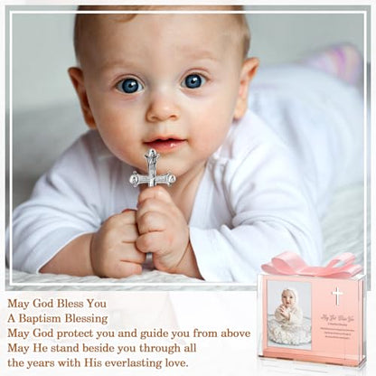 Vercraft 24 Set Baptism Picture Frame 3.5 x 5 Acrylic Baby Shower Baptism Favor Christening Gifts for Boy Girl with Plastic Crystal Boxes and Satin Ribbon Bows for Religious First Communion(Rose Gold) - color: Rose Gold
