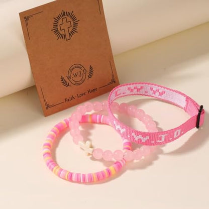 WWJD Bracelets Set WWJD Wristbands Christian Cross Bracelet Stackable Clay Bead Bracelets Stretch Glass Beaded Inspirational Christian Jewelry Gift for Couples Women Men - color: 3PCS Pink