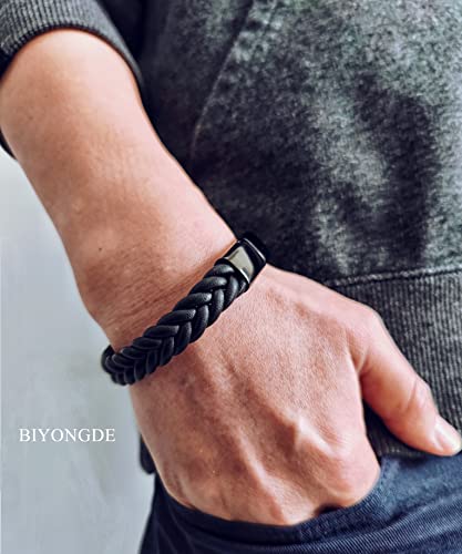 Handmade Braided Leather Bracelet, Black Stainless Steel Clasp, Mens, Cool Classic Stylish - color: Black