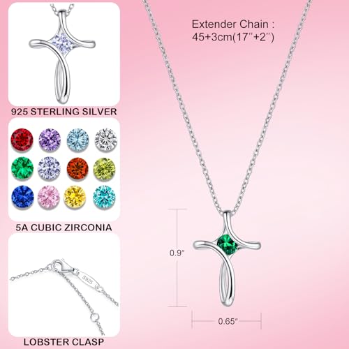 Cross Necklace for Women 925 Sterling Silver Birthstone Necklace for Women - color: 05-May-Emerald