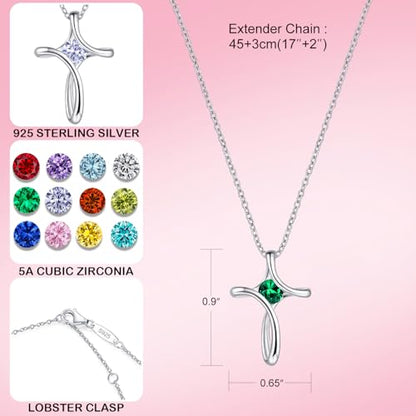 Cross Necklace for Women 925 Sterling Silver Birthstone Necklace for Women - color: 05-May-Emerald