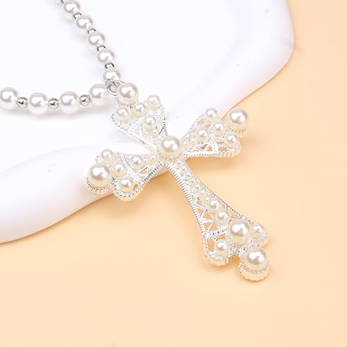 Pearl Cross Necklace Big Cross Pendants Necklaces for Women Chunky Pearl Necklace Gothic Cross Necklace Punk Vintage Cross Jewelry Women - style: Silver