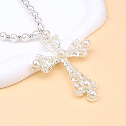 Pearl Cross Necklace Big Cross Pendants Necklaces for Women Chunky Pearl Necklace Gothic Cross Necklace Punk Vintage Cross Jewelry Women - style: Silver