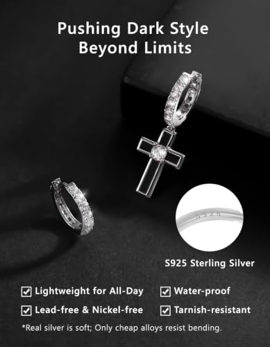 KRKC&CO Dangle Cross Earrings for Men, Sterling Silver Plated Black Drop - color: Silver-H
