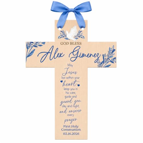 Personalized First Communion Favor | Personalized Wood Cross | Religious Keepsake Baptism Gifts | Wood Sign Personalized Baptism Cross For Girls and Boys | First Communion Gifts | Holy Communion (May Jesus) - color: May Jesus