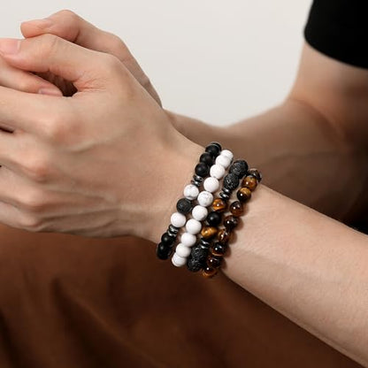 Mens Beaded Bracelets, 8MM Beaded Bracelets for Men, Natural Tiger Eye Bead Bracelet, Stretch Elastic Beads Bracelets for Men - color: 4 volcanic yellow white black