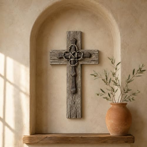 Comfy Hour 13 Inch Wall Cross, Rustic Faux Wood Decor