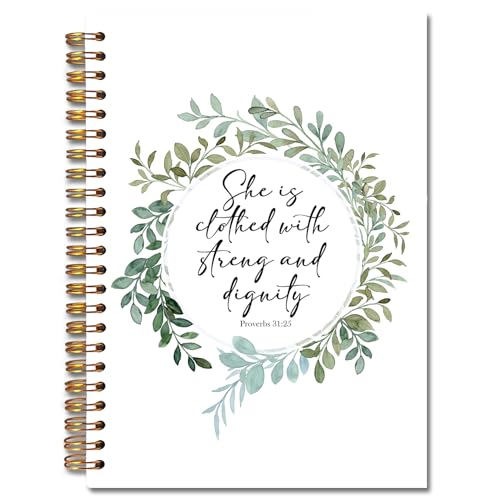 she is clothed with strength and dignity Christian Spiral Notebooks, Proverbs 31:25 Bible Journal, Scripture Journals for Writing, Religious Notebook for Note Taking, 5.5x8.3 Inch - color: white Bible Notebook-13