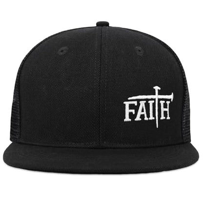 Christian Hats for Men Women - Cross Faith Flat Snapcback Hats - Religious Gifts for Thanksgiving Christmas - color: Black Mesh/Faith White
