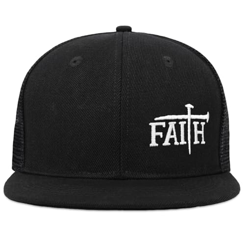 Christian Hats for Men Women - Cross Faith Flat Snapcback Hats - Religious Gifts for Thanksgiving Christmas - color: Black Mesh/Faith White