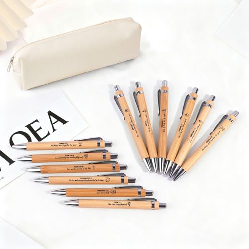 Bible Verse Pens 25 Pcs with 12 Christian Pens & 12 Refills & 1 White Pen Pouch Bamboo Retractable Ballpoint Pens Inspirational Quote Pen Religious Gifts for Men Women - color: Light White