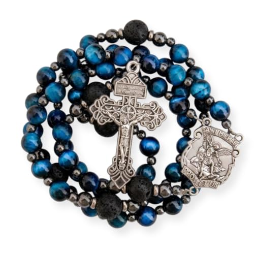 Nazareth Store Blue Tiger Eye Rosary Beads, Handmade Catholic Rosary Necklace with Lava Stone Beads and Our Father Crucifix, Five Decade Prayer Rosary, Religious Gift - style: St. Michael