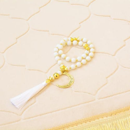 Muslim Prayer Rug with Tasbih Prayer Beads, Soft Memory Foam Prayer Matt Islam, Padded Islamic Prayer Mat Thick for Men and Women, Janamaz, Sajadah (25.6" x 43.3", Beige) - color: Beige