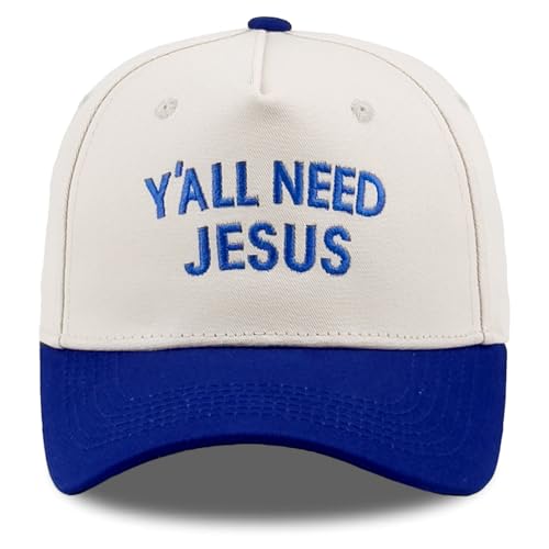 Embroidered Christian Two-Tone Baseball Cap for Men & Women, Adjustable Dad Hat Christmas Easter Gift - color: Y'all Need Jesus, Navy Blue/Beige