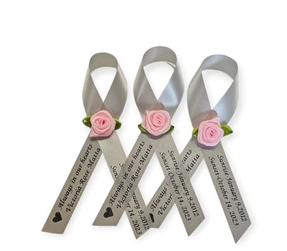 Personalized Memorial Service Funeral Ribbon Pins 20 Cross Religious Celebration of Life Custom Made Awareness Remembrance Anniversary Death Cross Sympathy Name Angel - color: Gray