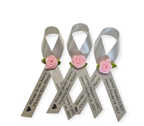 Personalized Memorial Service Funeral Ribbon Pins 20 Cross Religious Celebration of Life Custom Made Awareness Remembrance Anniversary Death Cross Sympathy Name Angel - color: Gray