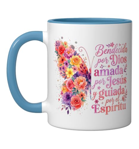 Bendecida Por Dios Amada Por Jesus Christian Spanish Floral Ceramic Mug, Blue/White - color: Blue/White, size: 11 Ounces