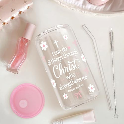 SANDJEST Christian Glass Can Tumbler 16oz, Inspirational Glass Cup with Lid & Straw, Iced Coffee Aesthetic Cups for Women Girls, Gifts Idea for Christmas Birthday - color: Christian 2