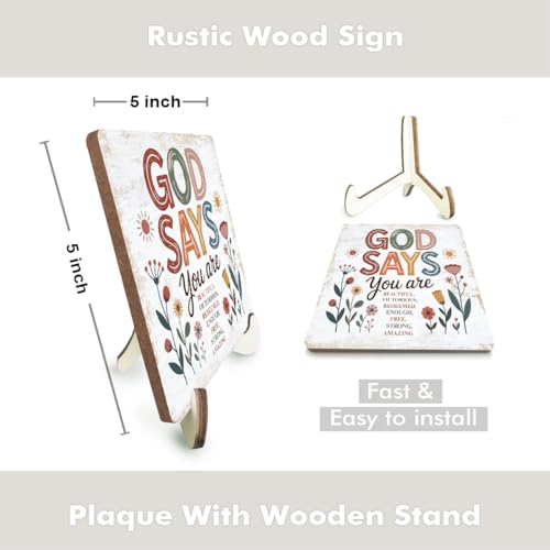 Christian Gifts Desk Decor, Rustic Wood Sign, Boho Faith Religious Bible Verse Quotes Decorative Desk Accessories for Home House Decor Office Accessories Bohemian Floral Table Shelf Wooden Sign - color: GodSays