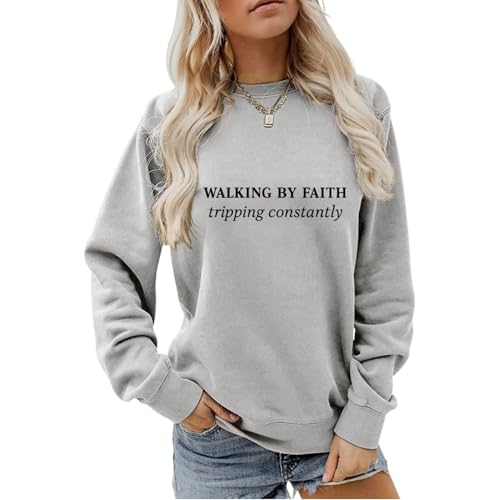 Christian Sweatshirts for Women Religious Faith Graphic Crewneck Pullover Shirts Casual Long Sleeve Inspirational Tops - color: Grey, size: Medium