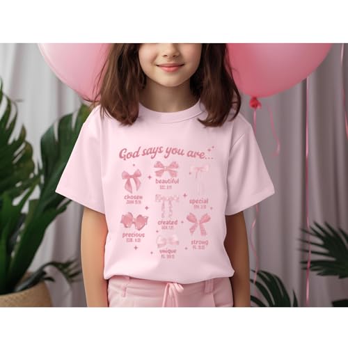 KEEVICI Cute Girls Bow God Shirt Christian Graphic Tees Jesus Shirts for Kids Bible Verse Inspirational Religious T Shirts - color: Pink, size: 9-10 Years
