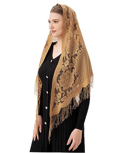 PAMOR Triangle Catholic Church Veil Chapel Veil Scarf Mantilla Veils Wrap Shawl Mass Head Covering with Fringe Trim - color: Beige