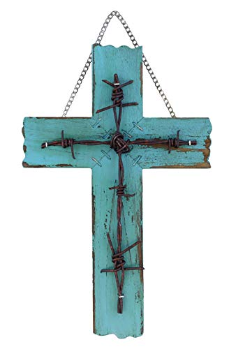 RWI Simple 10 1/2" Weathered Wood & Barbwire Decorative Wall Cross - Shabby Chic Chalk Paint Look