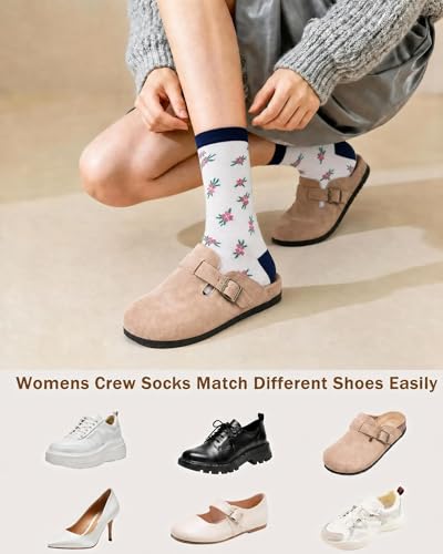 6 Pairs Crew Socks for Women, Soft Cute Funny Cotton Socks - color: Coastal Bloom