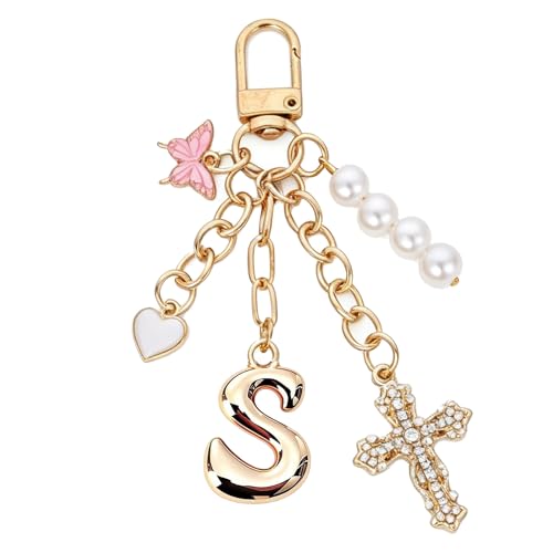 Cross Bag Charms Keychain - Butterflies Keyring Initial Purse Charm - color: Gold S