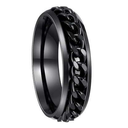 Mens Fidget Rings Anxiety Ring for Men 6mm 8mm Chain Spinner Ring Size 5-14 - color: Titanium Black Black