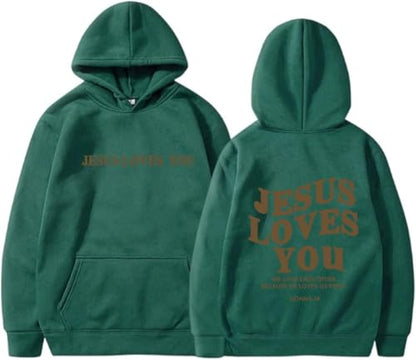 Jesus Loves You Hoodie Christian Faith Over Fear hoodie Faith Sweatshirt Christian Religious Sayings Pullover Sweater - color: Dark Green, size: Medium
