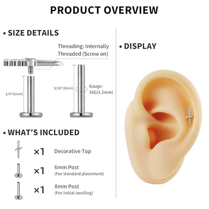 FINE4U 1PC ASTM F136 Titanium Sword Piercing Jewelry for Conch, Tragus, Helix 16G 8mm, Implant Grade Hypoallergenic Flatback Stud - color: Poniard - Tit