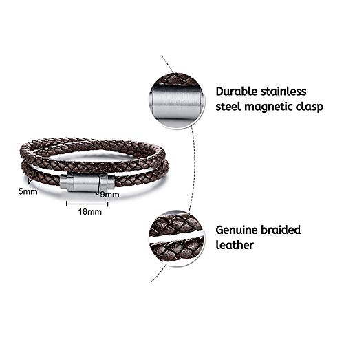 globi Leather Bracelet For Men | Genuine Wrap Braided Leather Cuff Bangle Bracelet with Magnetic Stainless Steel Clasp For Men/Women - color: Brown
