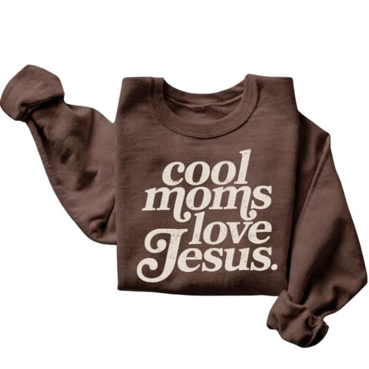 FITIN Cool Moms Love Jesus Christian Graphic Crewneck Sweatshirt – Distressed Design Faith-Based Pullover - color: Brown, size: Large
