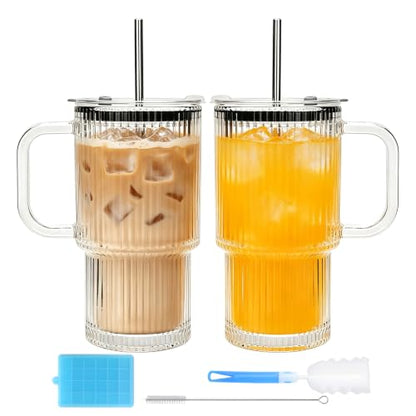 Accguan 2Pack 20oz Ribbed Glass Tumbler with Handle and Lid, Leak Proof Cup - size: 20oz with handle-2pcs