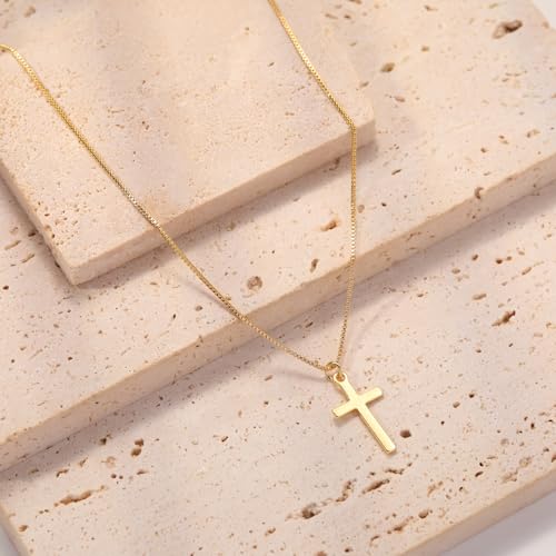 Rotnso Cross Necklace for Women 14K Gold Plated Dainty Small Pendant Choker - style: Thin Box Chain Small Cross-GD