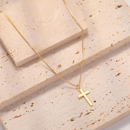 Rotnso Cross Necklace for Women 14K Gold Plated Dainty Small Pendant Choker - style: Thin Box Chain Small Cross-GD