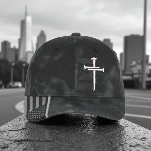Christian Cross Baseball Cap, Religious Cross Design, Typhoon CAMO HAT Silver Embroidery Jesus Hat - Adjustable Buckle Back Hat. Free 4" Sacred Nails Faith Decal