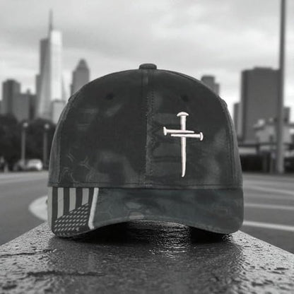 Christian Cross Baseball Cap, Religious Cross Design, Typhoon CAMO HAT Silver Embroidery Jesus Hat - Adjustable Buckle Back Hat. Free 4" Sacred Nails Faith Decal