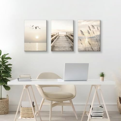 WENGTIAO Seascape Wall Art Beige Reeds Sunset Canvas Paintings 16"x24"x3 - color: Peaceful Bridge Beside Sea, size: 16"x24"x3Pcs