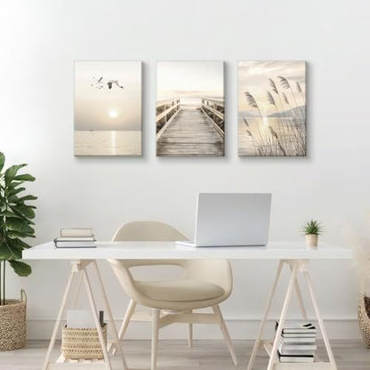WENGTIAO Seascape Wall Art Beige Reeds Sunset Canvas Paintings 16"x24"x3 - color: Peaceful Bridge Beside Sea, size: 16"x24"x3Pcs