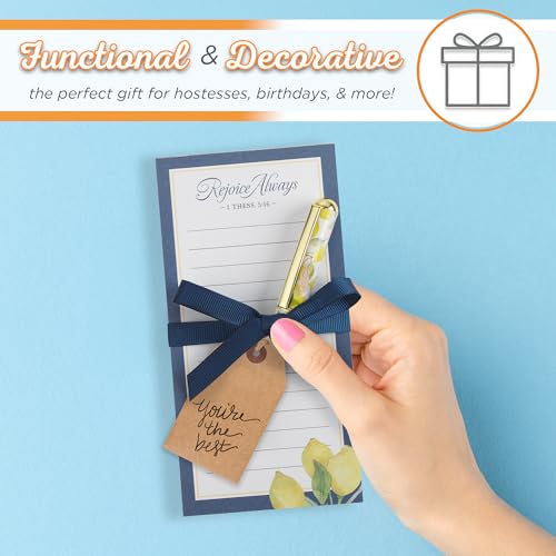 Christian Art Gifts Magnetic Notepad & Pen Set, Lemon Theme, Rejoice Always - color: Navy & Yellow Lemon/Rejoice Always