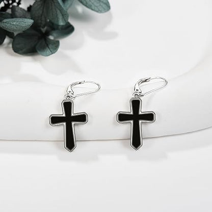 Cross Earrings 925 Sterling Silver Dangle Earring Gifts for Women - style: Black Onyx Cross