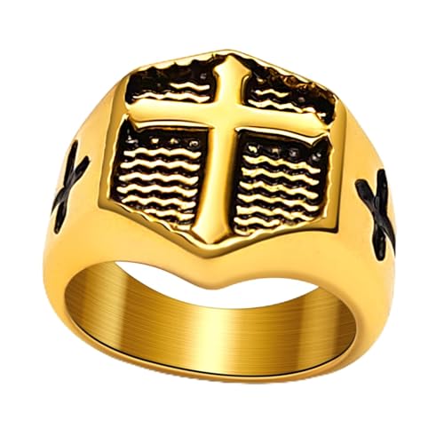 Christian Cross Rings for Men - Stainless Steel Jesus Jewelry with Celtic Knot Sides (Gold/Black/Silver) - Catholic Religious Gift, Size 7-13 - color: C-Gold-Cross