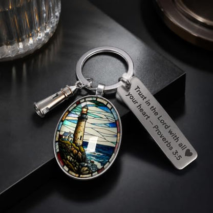 3D Glass Lighthouse Keychain with Bible Verses,Christian Gifts for Women Faith - color: Proverbs 3:5